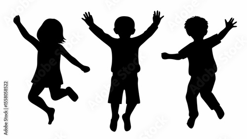 Silhouette illustration of three children jumping with joy and arms raised in a celebratory manner