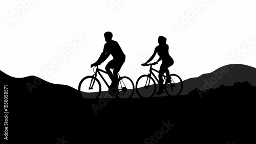 Silhouette of a couple riding bicycles on a hilly landscape against a white background in black and white
