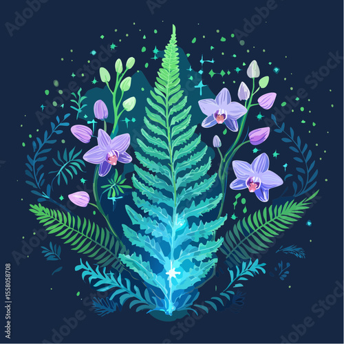 bioluminescent fern and orchid with glowing delicate fronds and radiant floral elements