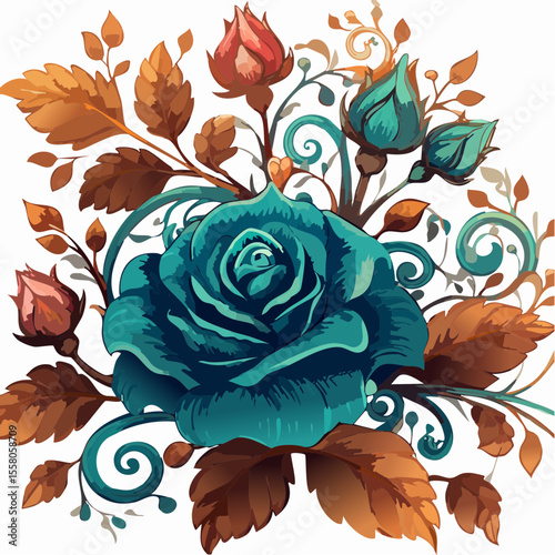 verdigris ivy and bloom with aged copper tones and turquoise highlight details
