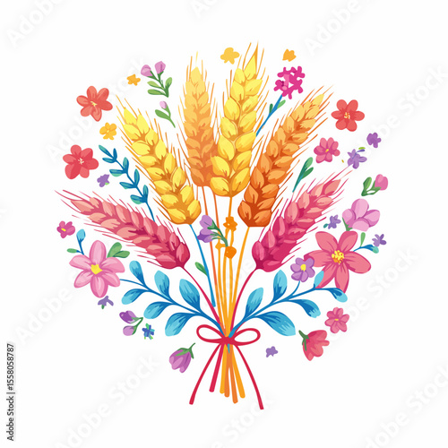 prismatic wheat and wildflower spray in sunset gradient hues