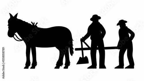 Silhouette of a horse pulling a plow with two farmers in a field on a white background in the daytime