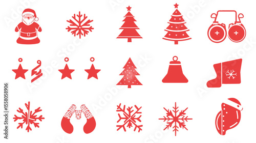 Collection of Red Christmas Icons Featuring Santa, Snowflakes, and Trees