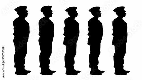 Silhouette of five standing soldiers in uniform in a row against a white background in a side view