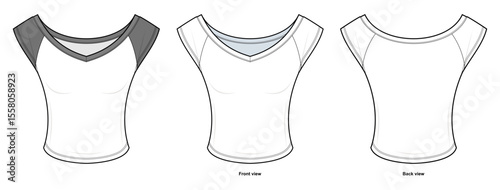Contrast Shoulder V-Neck Fitted Top Technical Fashion Illustration. Short-Sleeve Stretch Top with Wide Neckline Vector Template. Front and Back designs. Women’s Activewear. CAD Mockup Set.