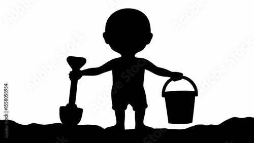 Silhouette of a child with a shovel and bucket playing in the sand at the beach on a sunny day outdoors