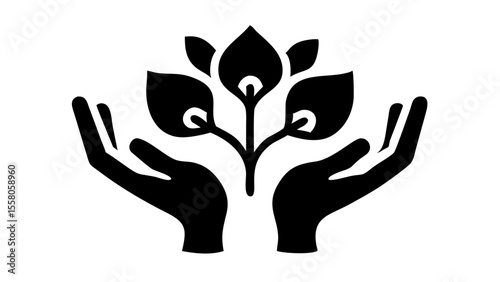 Black silhouette of two hands cradling a plant with three leaves and three buds on a white background is shown