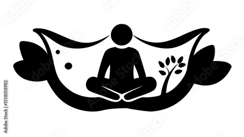 Silhouette of meditating person in lotus position within a stylized floral or leaf design element art