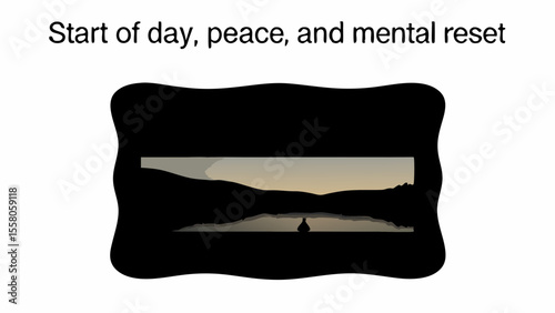 Silhouette of a person in a boat on a lake at sunset framed by a decorative black border with wavy edges