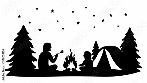 Silhouette of a camping scene with a tent, trees, stars, and people roasting marshmallows by a campfire at night