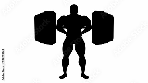 Silhouette of a bodybuilder standing with hands on hips lifting weights in a black and white image style
