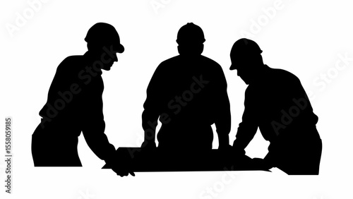 Silhouette of three construction workers wearing hard hats looking at a blueprint on a table together closely