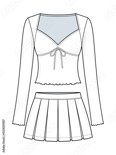 Sweetheart Neck Drawstring Crop Top and Pleated Mini Skirt Set Technical Fashion Illustration. Long sleeve Blouse and mini skirt Vector Template. Women’s matching Outfit. CAD Mockup set. 