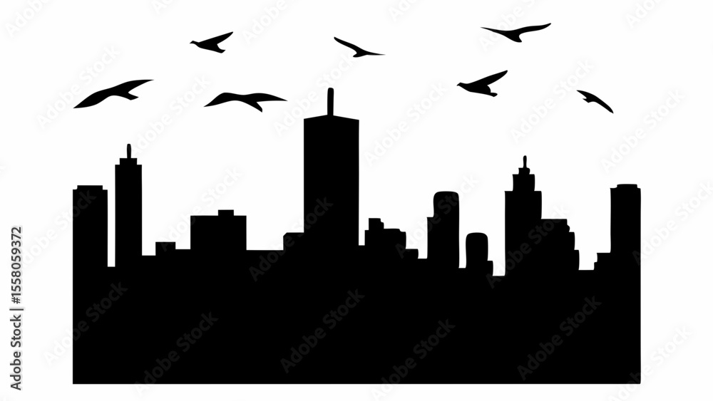 Naklejka premium Silhouette of a cityscape with various buildings and birds flying above the skyline in black and white