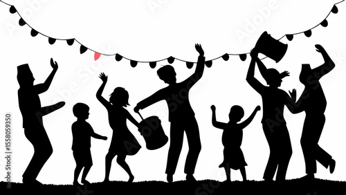 Silhouette of people celebrating with a drum and flags under string lights in a festive atmosphere