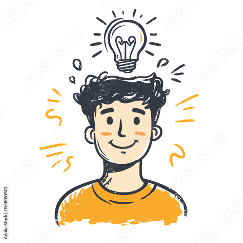 Moment of a bright idea - a man with a light bulb above his head. Doodle line style, vector style simple color
