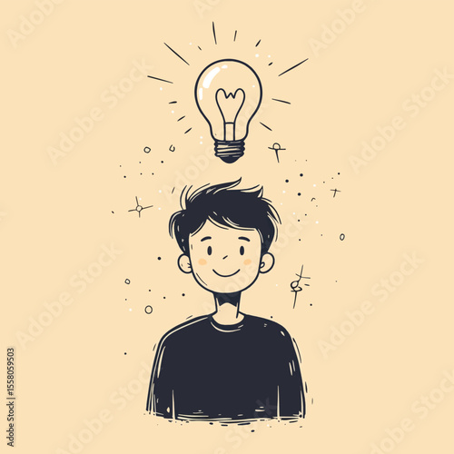 Moment of a bright idea - a man with a light bulb above his head. Doodle line style, vector style simple color