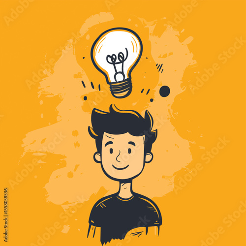Moment of a bright idea - a man with a light bulb above his head. Doodle line style, vector style simple color