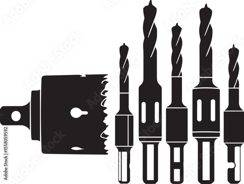 Black Silhouette of Assorted Drill Bits and Hole Saw for Woodworking