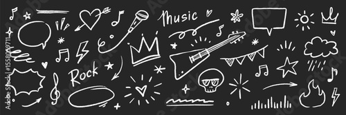 Doodle icon drawn punk music sketch set. Punk brush stroke texture with grunge lightning, arrow, speech bubble icon. Vector drawn guitar, crown, fire, crayon arrow doodle line. Vector illustration
