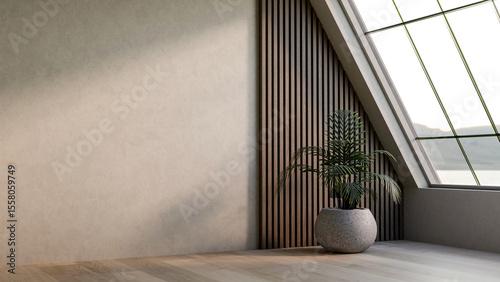 Fototapeta Naklejka Na Ścianę i Meble -  Plant in a grey stone pot on parquet floor beside wooden slats wall under roof window in attic room.