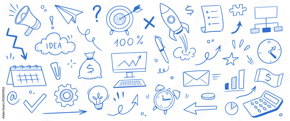 Naklejka premium Business money sketch idea icon set. Hand drawn sketch elements for startup, project, goal and teamwork. Business graphic chart, rocket, growth marketing concept in chalkboard. Vector illustration