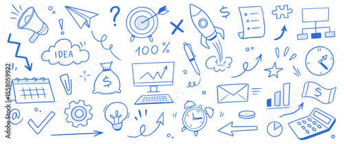Business money sketch idea icon set. Hand drawn sketch elements for startup, project, goal and teamwork. Business graphic chart, rocket, growth marketing concept in chalkboard. Vector illustration