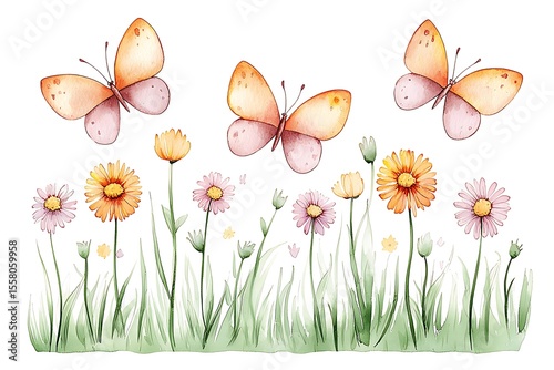 Delicate Butterflies and Colorful Flowers in a Whimsical Garden Setting