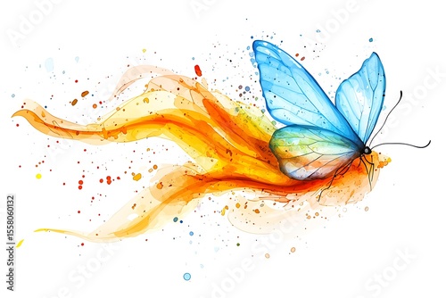 Vibrant Blue Butterfly with Colorful Splash Abstract Design in Bright Orange Tones