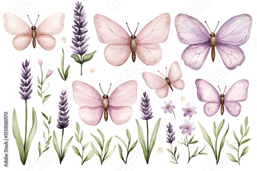 Watercolor Butterflies and Lavender Illustrations for Elegant Design Projects