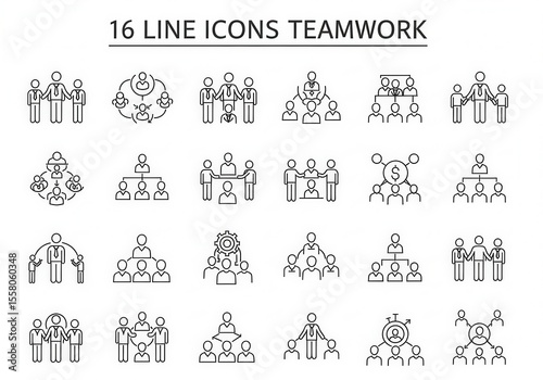 A collection of sixteen diverse line art icons representing teamwork collaboration and organizational structures with people figures