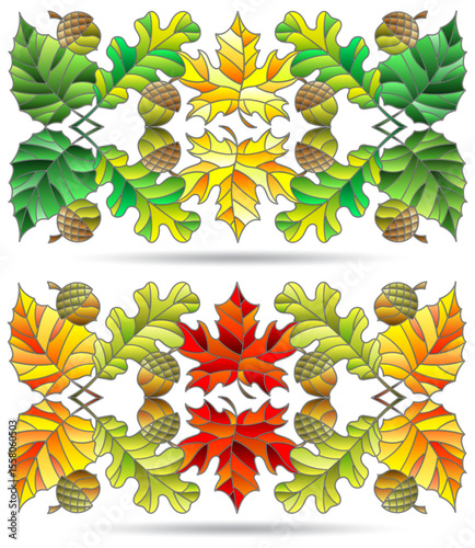 A set of stained glass illustrations with autumn leaves and acorns, isolated on a white background