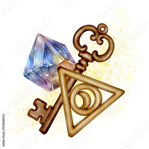 Golden magic key, triangle amulet, and a glowing crystal with sparkles. Ideal for fantasy, mystery, and alchemy themes.