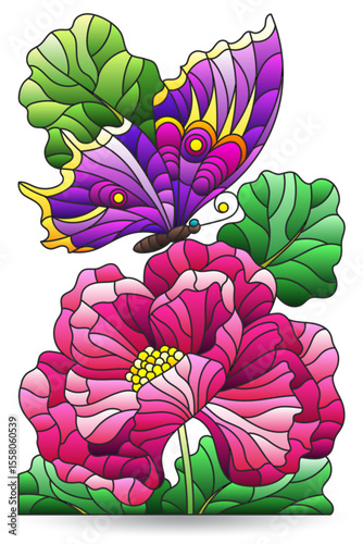 A stained glass illustration with flower and butterfly, isolated on a white background