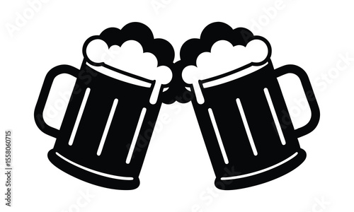 Beer mug silhouette vector, Two clinking beer mugs icon vector illustration