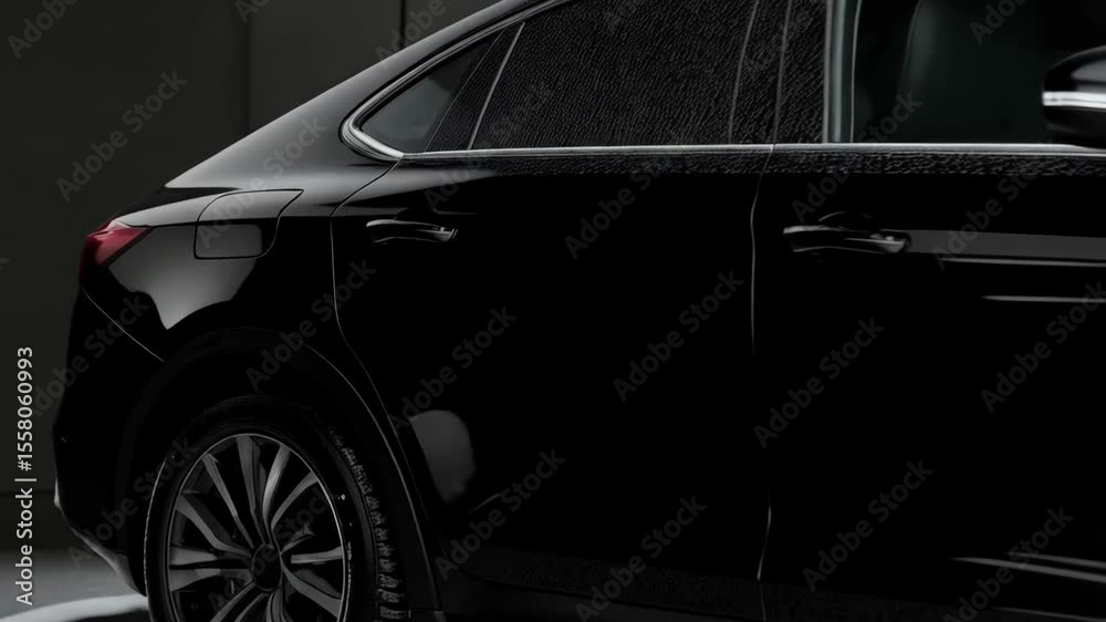 Sleek black SUV car detail shot displaying the tire, door, and side mirror in a studio setting, showcasing modern automotive design.