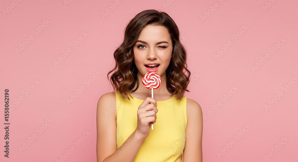 Playful Woman Winking with Red Swirl Lollipop on Pink Background Playful Woman Winking with Red Swirl Lollipop on Pink Background