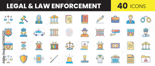 Legal and Law Enforcement Color Icon Set – Bold Vector Icons of Justice, Police, Crime, and Court Systems