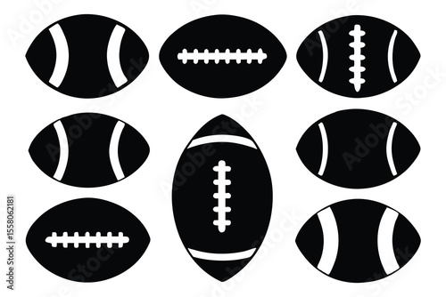 Set of American Football Ball Icons in Black Silhouette 