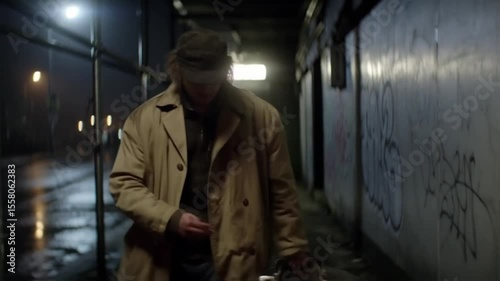 Man in Trench Coat Walking Alone at Night Through Graffiti Alley
