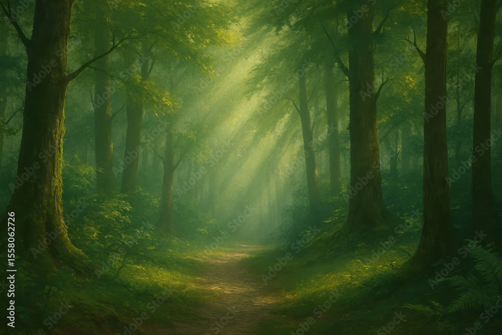 Naklejka premium Sunlight beams through dense green forest trees creating peaceful natural path