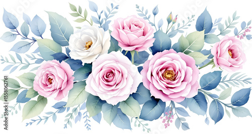 Delicate Watercolor Roses and Leaves Bouquet