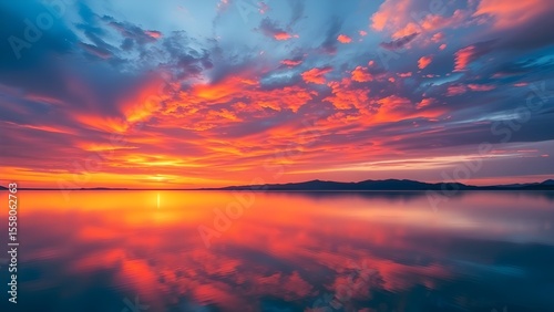A beautiful sunset over a calm lake with a reflection of the sky in the water