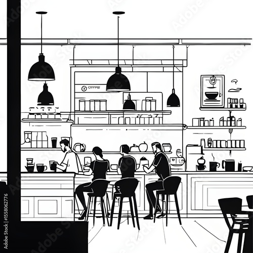 A group of people are sitting at a bar in a cafe