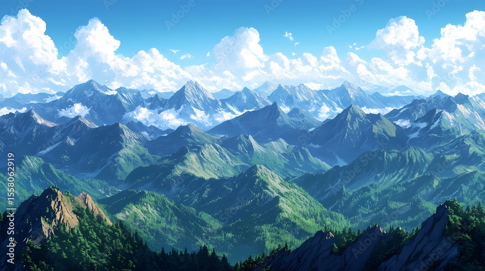 Obraz premium Majestic Mountain Range Panoramic Vista of Peaks and Valleys