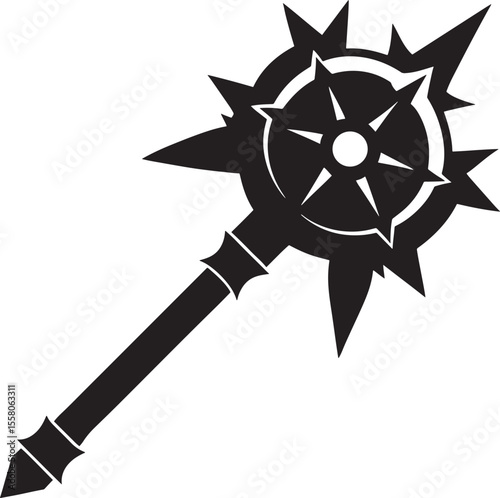 Black silhouette of a medieval mace weapon with sharp spikes and a decorative handle isolated on white background