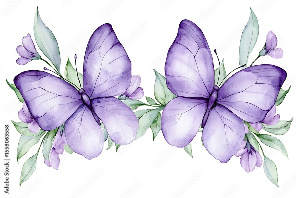 Fototapeta premium Beautiful watercolor butterflies with delicate purple wings and soft green foliage decor