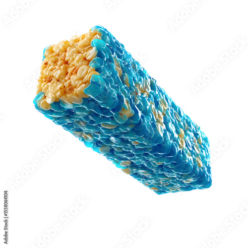 A image of a blue snack bar or candy bar floating in mid air against a white background with vibrant yellow elements incorporated into the design