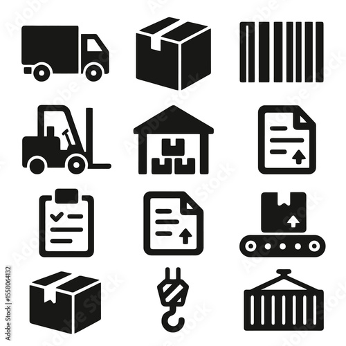12 black logistics icons. Solid vector for shipping, transport, and delivery.