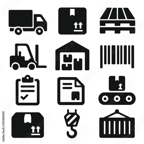Black set of 12 supply chain icons. Minimal vector for freight, storage, and commerce.